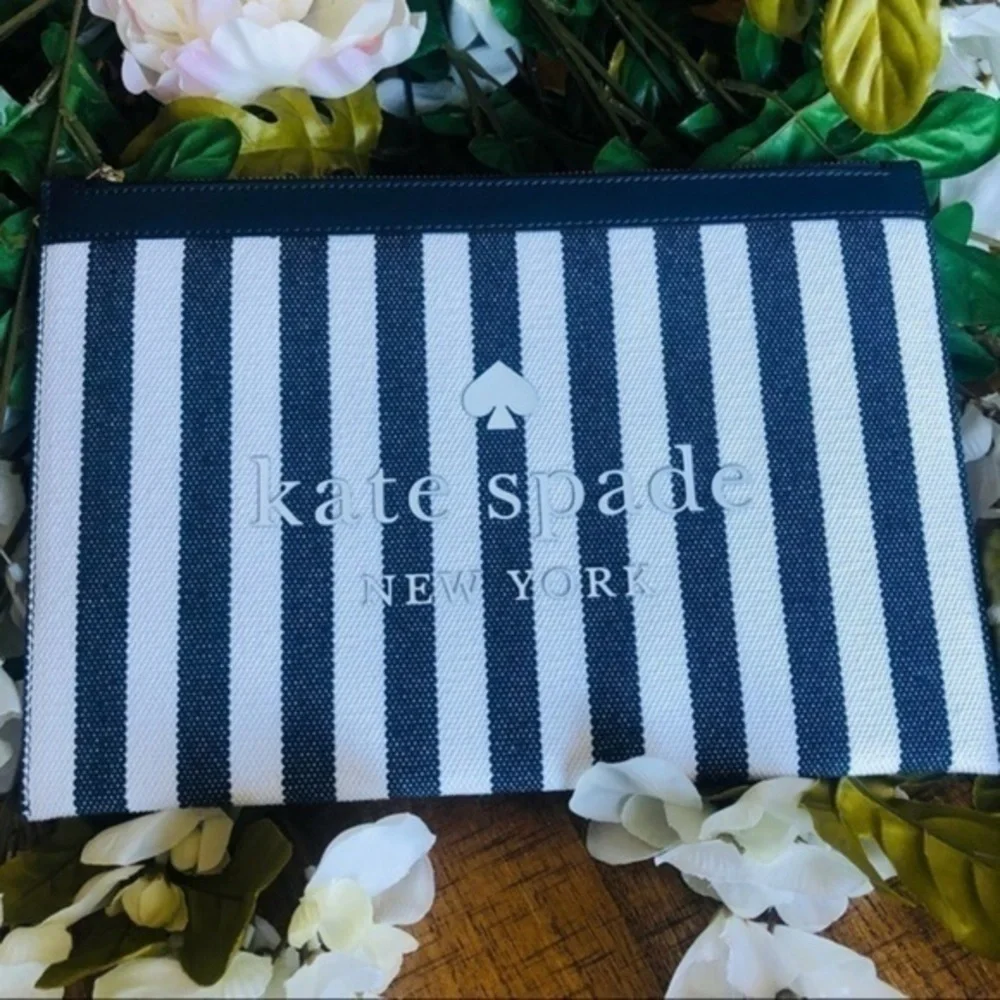 Kate Spade Blue White Stripe Canvas Zip Pouch Leather Trim NWT